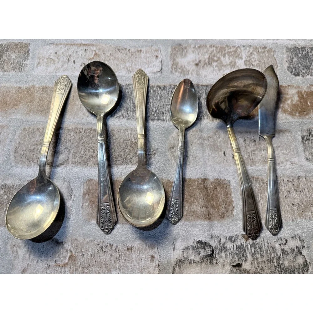 Vintage Royal Saxony Silverplate Flatware Set‎ 6pc Serving Spoons Ladle Knife